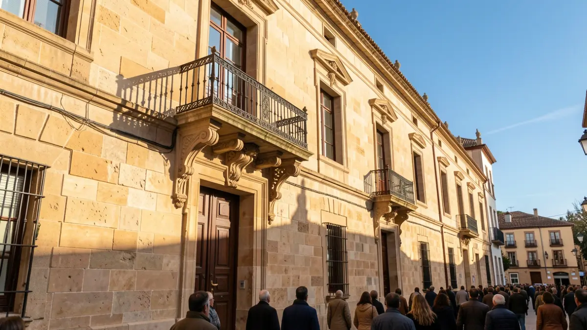 Stone facade of an Andalusian town hall with a balcony and iron railings, afternoon sunlight casting shadows.