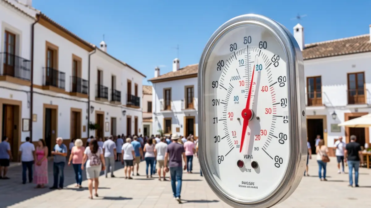 Termómetro marcando alta temperatura en un pueblo andaluz bajo el sol.