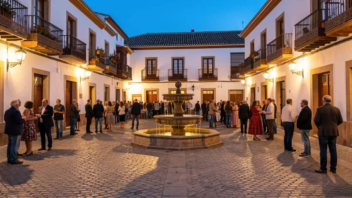 Plaza de España in Montoro at dusk during the San Bartolomé festival.