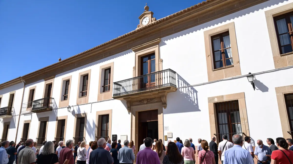 Facade of an Andalusian town hall with an ornate balcony under intense sun.