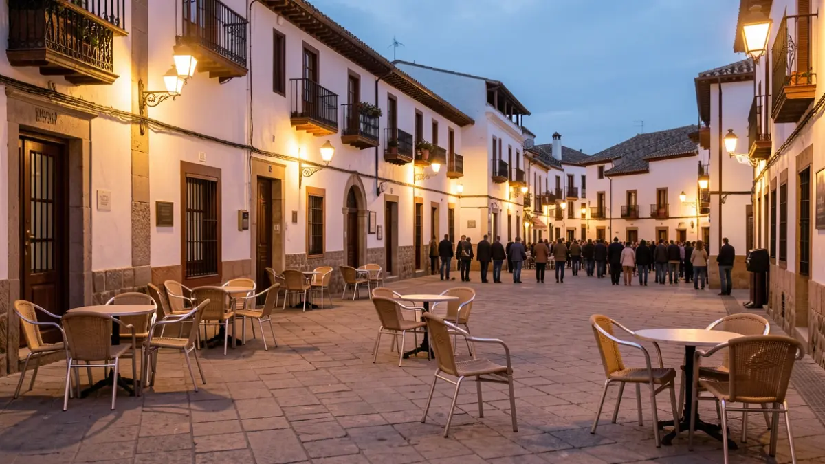 Plaza de pueblo andaluz al atardecer con farolas encendidas y sillas vacías.