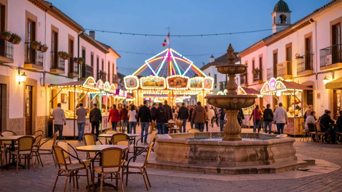Generic image of a fairground entrance illuminated at night, with Andalusian architecture.