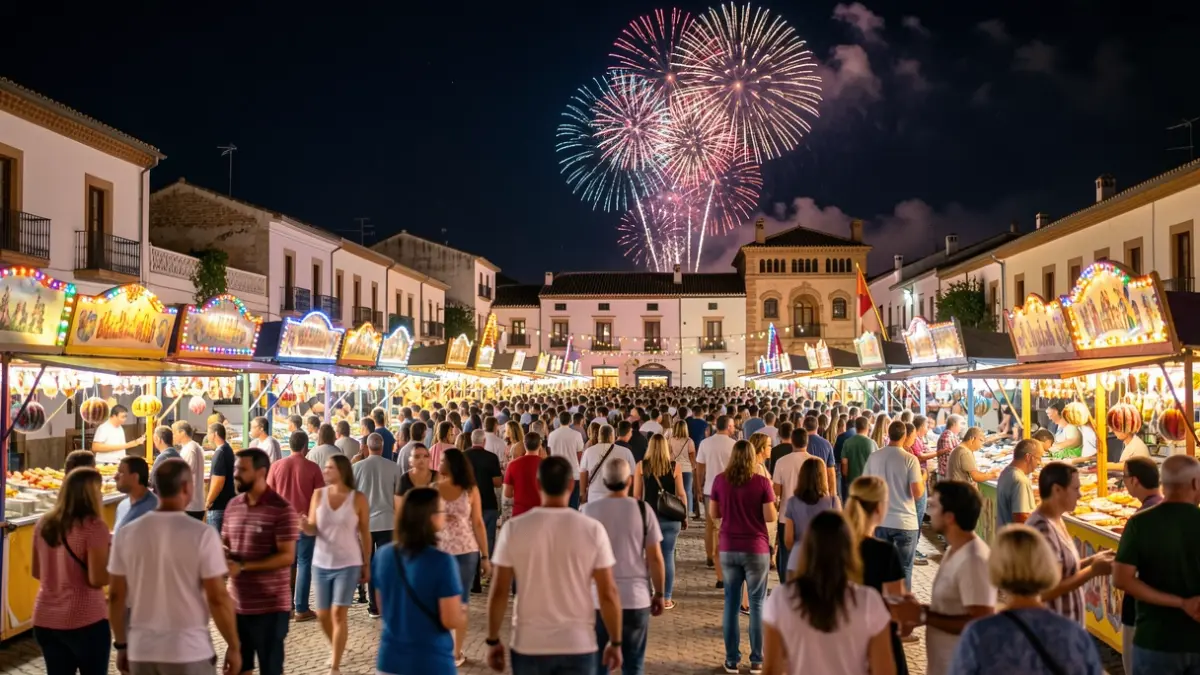 Image of Motril's patron saint festivities with fair lights and fireworks.