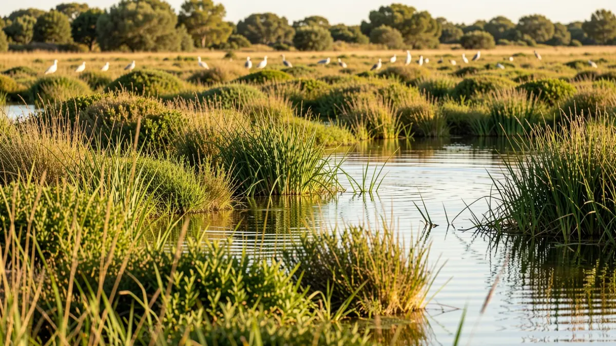 Generic image of a natural wetland reserve in Andalusia with birds.