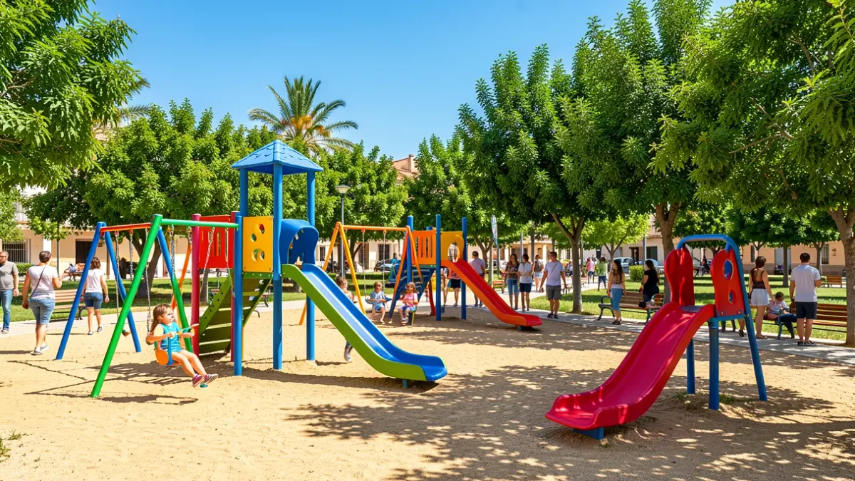 Imagen de un parque infantil moderno y colorido en Motril, Andalucía, con columpios y toboganes bajo un cielo azul.