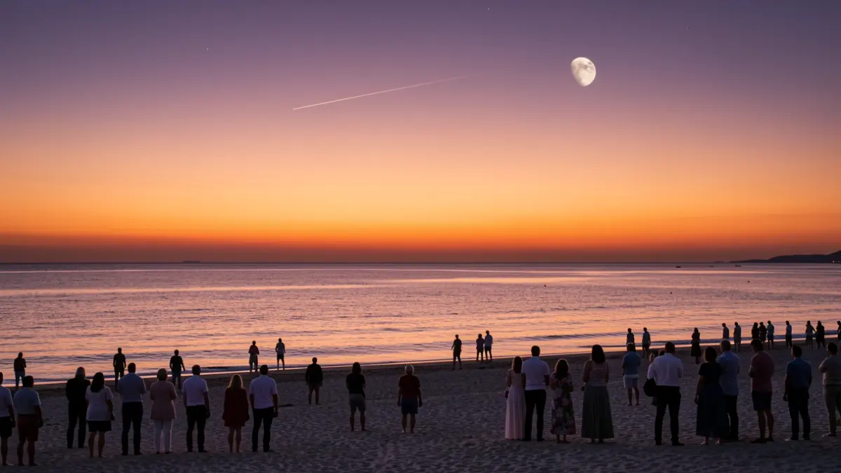 Generic image of a Mediterranean beach at sunset during an astronomical event.