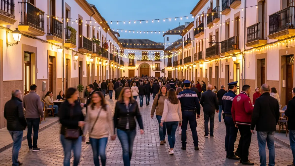 Imagen genérica de una plaza de pueblo andaluz durante unas fiestas nocturnas con luces y presencia policial.