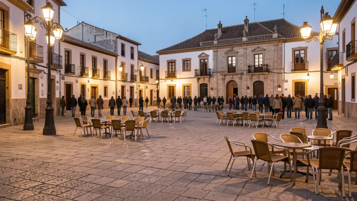 Plaza pública en Andalucía al atardecer, con farolas y sillas vacías tras una concentración.