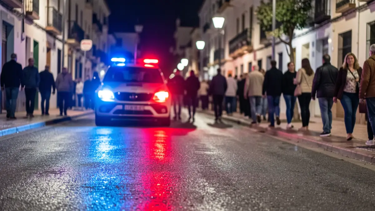 Imagen genérica de luces de emergencia policiales reflejándose en asfalto mojado por la noche.
