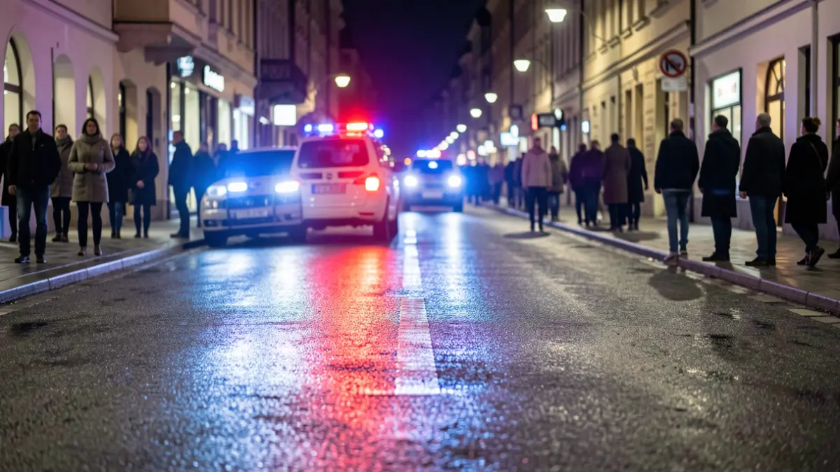 Imagen genérica de luces de emergencia policiales reflejándose en asfalto mojado por la noche.