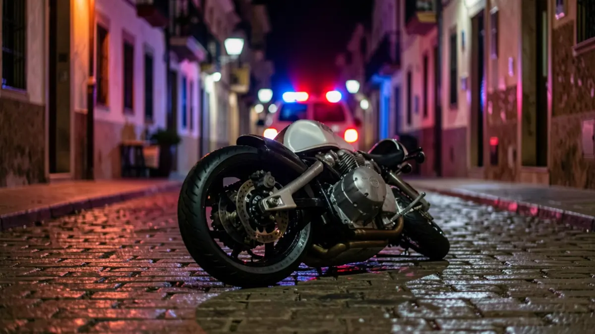Generic image of a motorcycle accident with emergency lights.