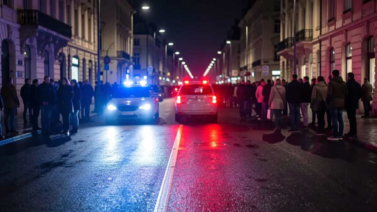 Imagen genérica de luces de emergencia policiales reflejándose en asfalto mojado por la noche.