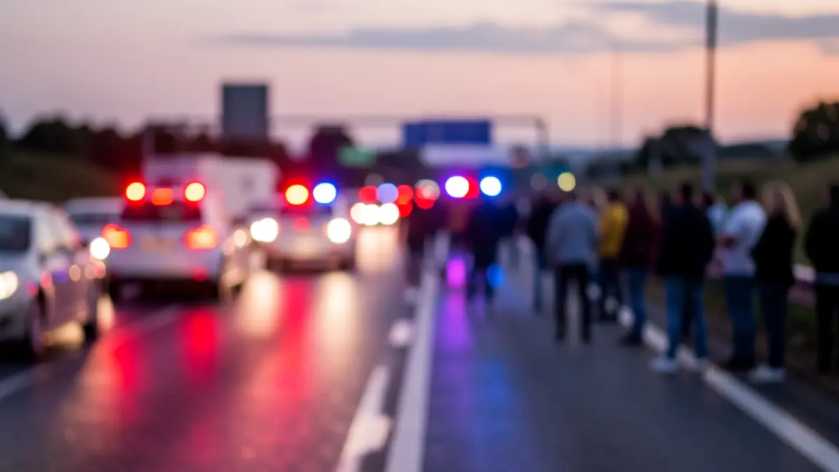 Generic image of emergency lights on a wet road at dusk.