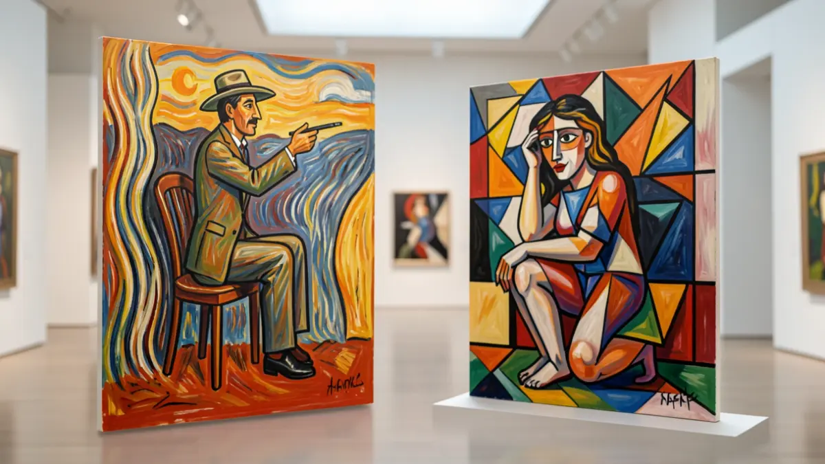 Imagen de una pintura surrealista que representa un diálogo entre los estilos de Munch y Picasso en un museo.