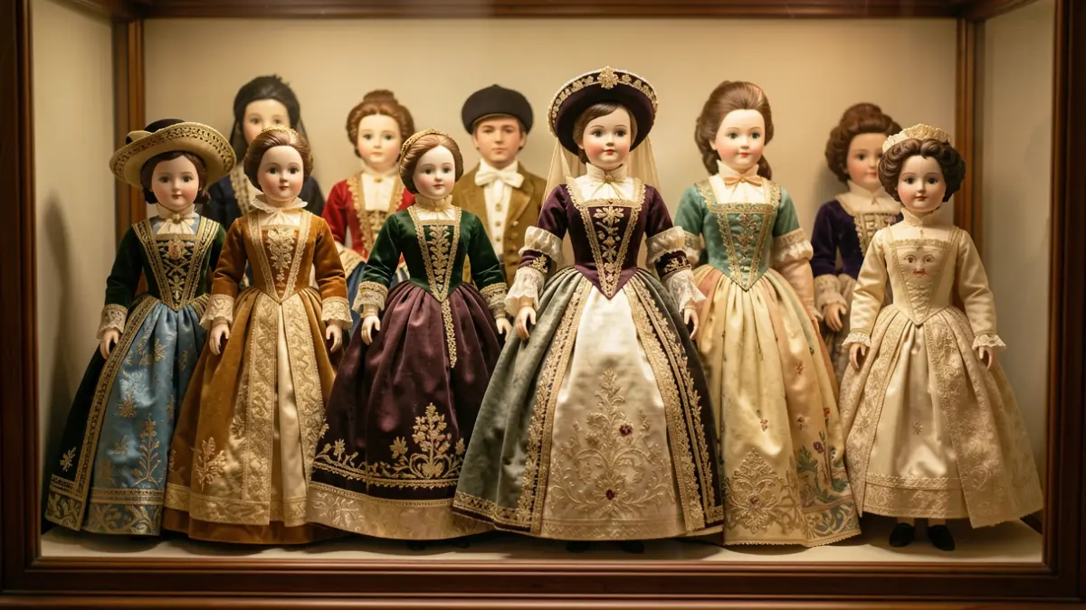 Display case with period dolls representing historical figures and residents of Chiclana from the late 19th century.
