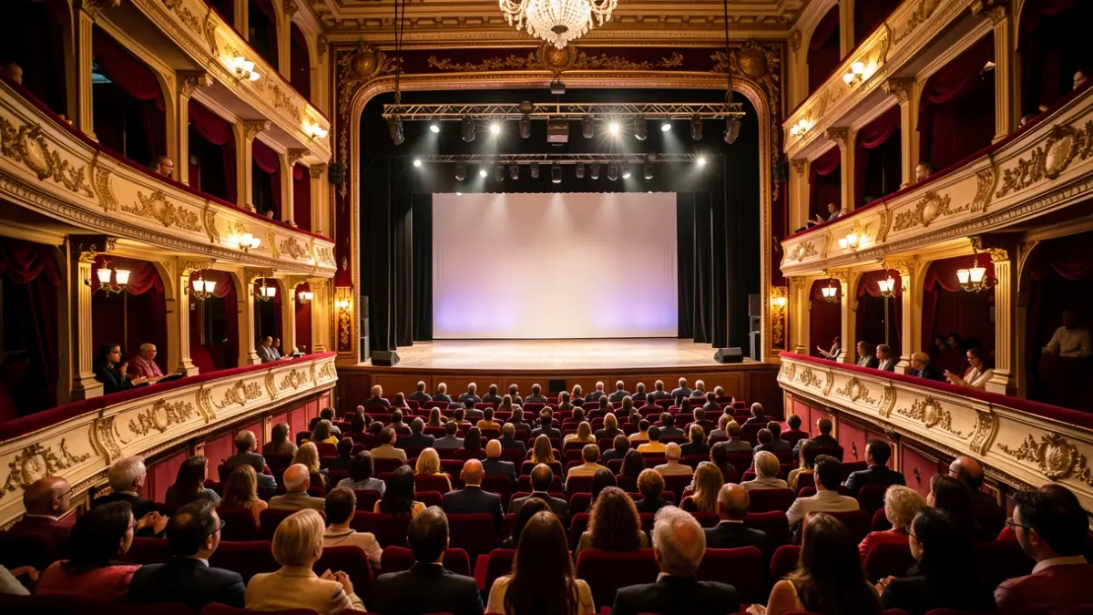 Interior of an Andalusian municipal theater with an empty stage.