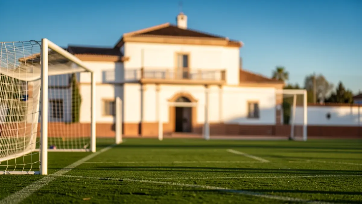 Campo de fútbol municipal de Baza con el Ayuntamiento al fondo.
