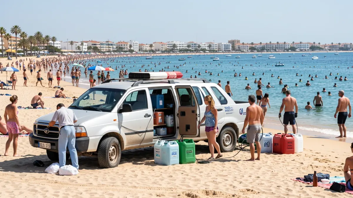 Narcolancha refueling gasoline near a beach with bathers in Isla Cristina.