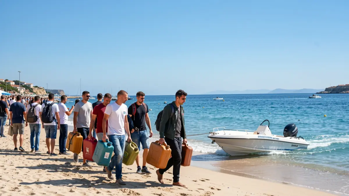 Young men carrying fuel canisters on a beach to supply speedboats, with a speedboat visible near the shore.