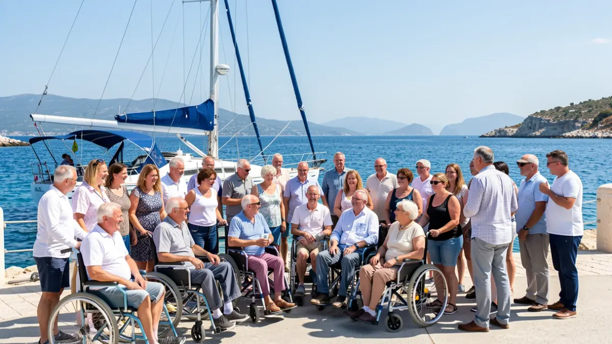 Personas con discapacidad disfrutando de una jornada de navegación inclusiva en Puerto Sotogrande.