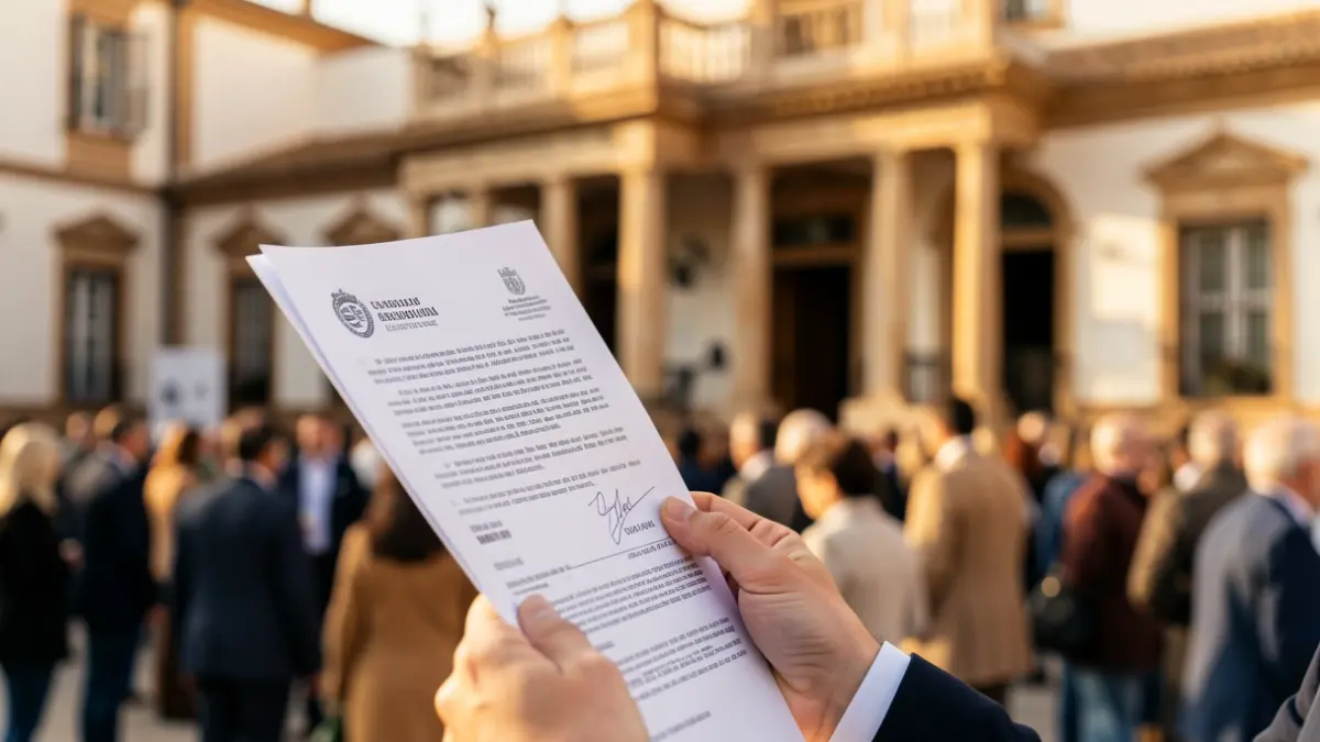 Primer plano de una mano sosteniendo documentos oficiales con un edificio gubernamental andaluz desenfocado al fondo.