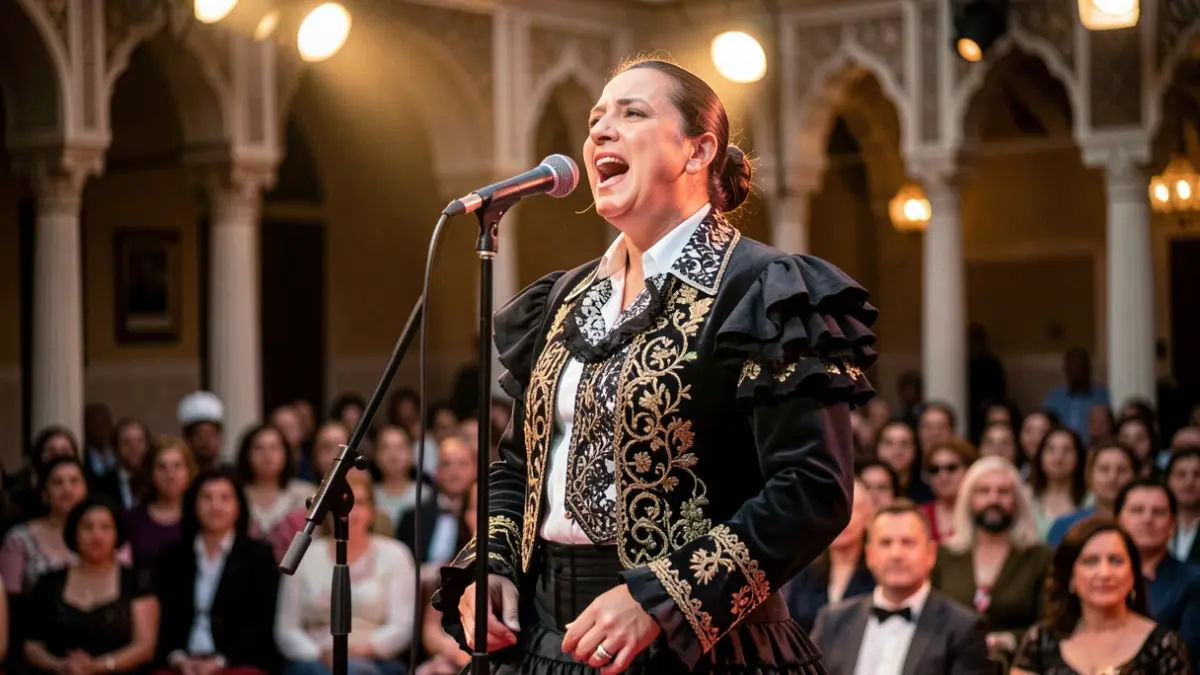 Cantante de flamenco actuando en un escenario con luces cálidas y arquitectura cultural de fondo.