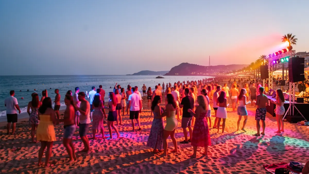 Imagen de una fiesta de verano en la playa de Burriana, Nerja, con luces de escenario y gente bailando.