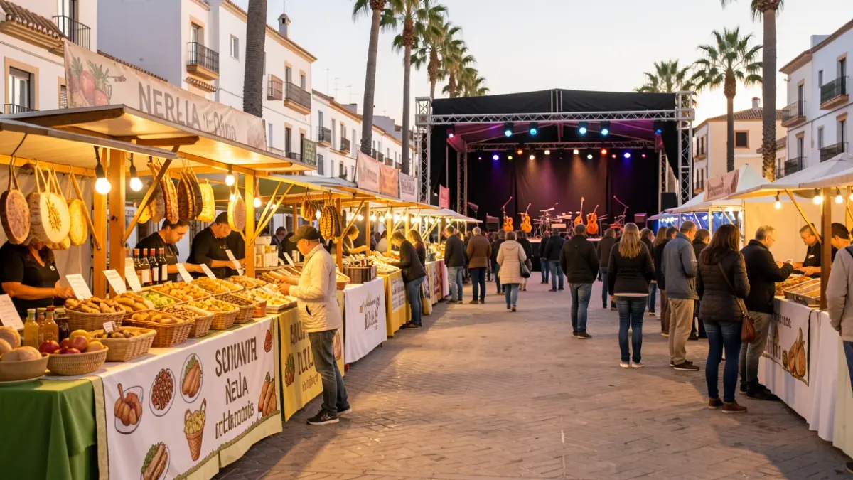 Imagen de la Feria Gastronómica Balcón de Europa en Nerja, con puestos de comida artesanal y un escenario.