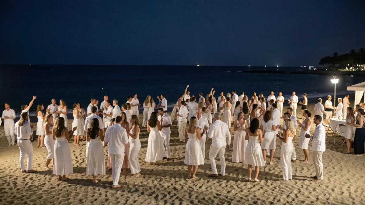 Generic image of a beach party with people dressed in white.