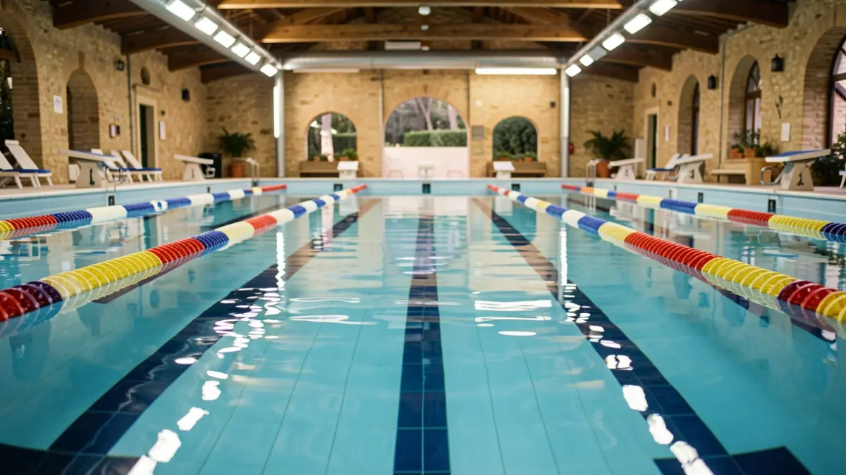 Piscina municipal con carriles de natación y poyetes de salida.