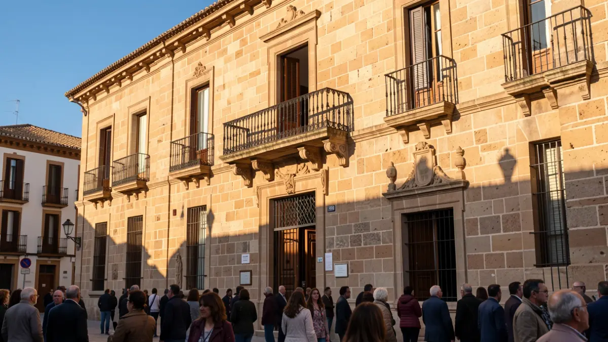 Stone facade of an Andalusian town hall with balcony and iron railings, afternoon sunlight, blue sky.