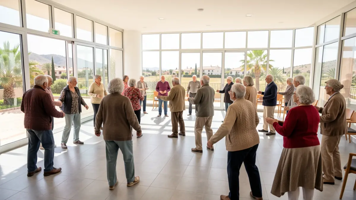 Generic image of seniors participating in a gymnastics class in an Andalusian community center.