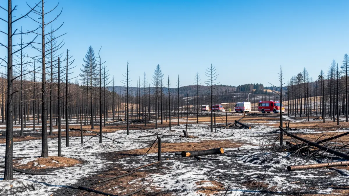 Paisaje calcinado tras un gran incendio forestal, con restos de árboles quemados y ceniza en el suelo, bajo un cielo azul despejado.