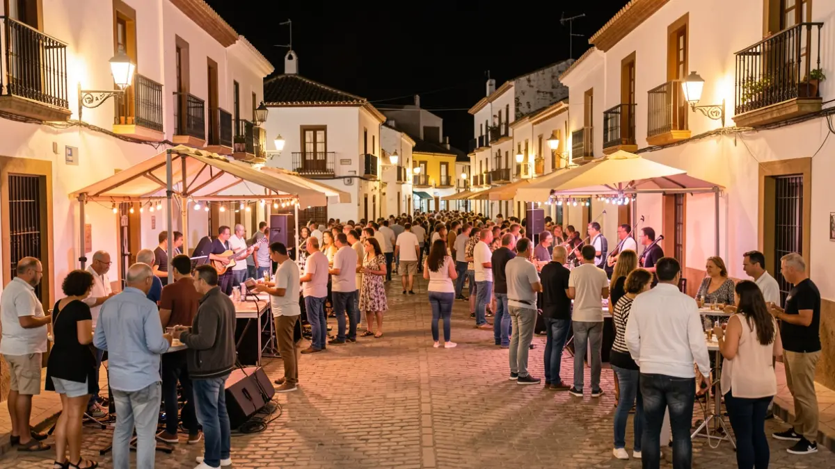 Generic image of a chirigota street night in Andalusia, with stages and people enjoying.
