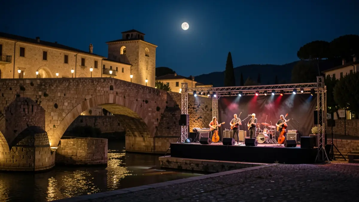 The Puente Romano of Villa del Río illuminated during a nighttime lyrical performance.