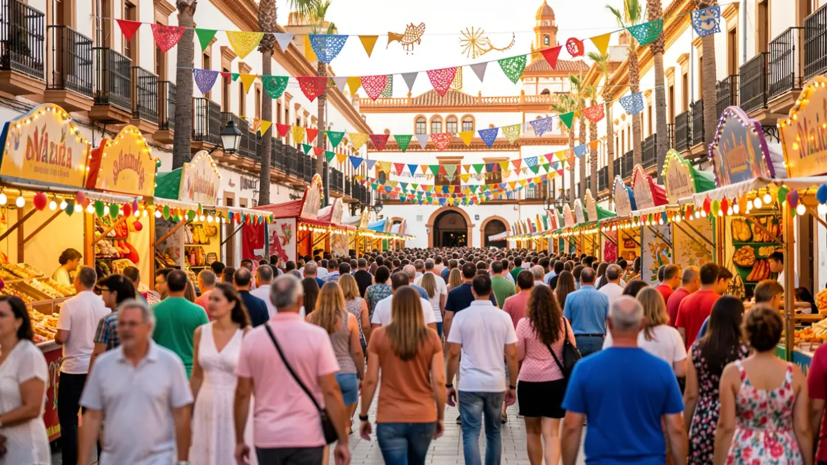 Imagen genérica de la Feria de Málaga con ambiente festivo y arquitectura andaluza.