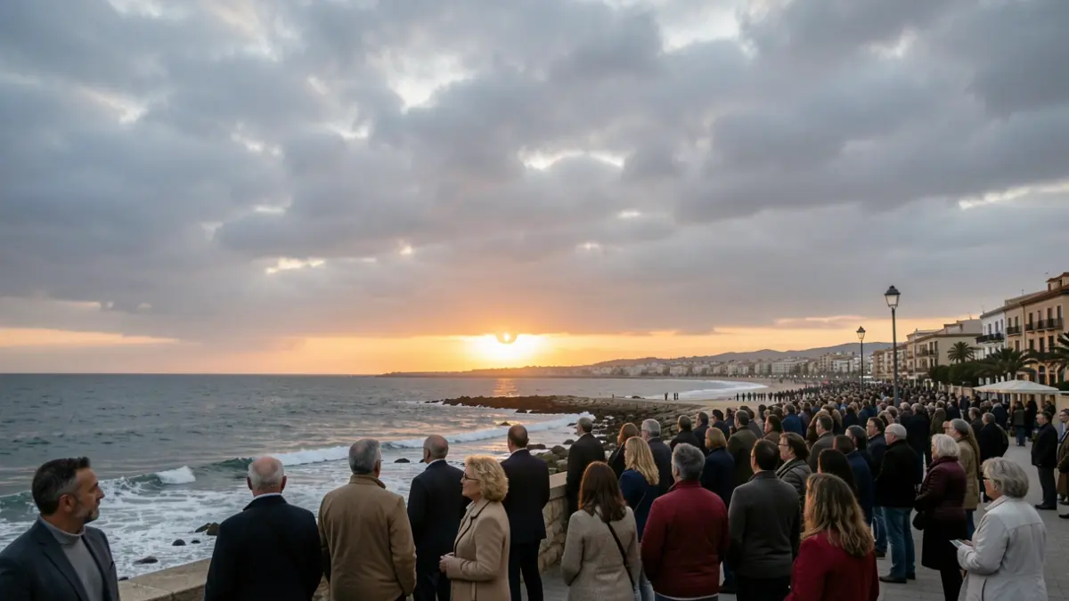 Cielo nublado sobre la costa mediterránea de Andalucía al atardecer, con el sol bajo en el horizonte.