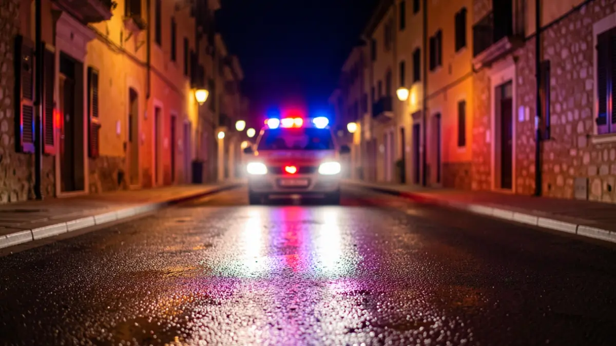 Imagen genérica de luces de emergencia reflejadas en el asfalto durante la noche.