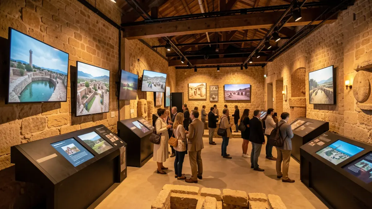 Interior of the Nueva Gadeira archaeological interpretation center in Chiclana, featuring Phoenician remains and interactive technology.