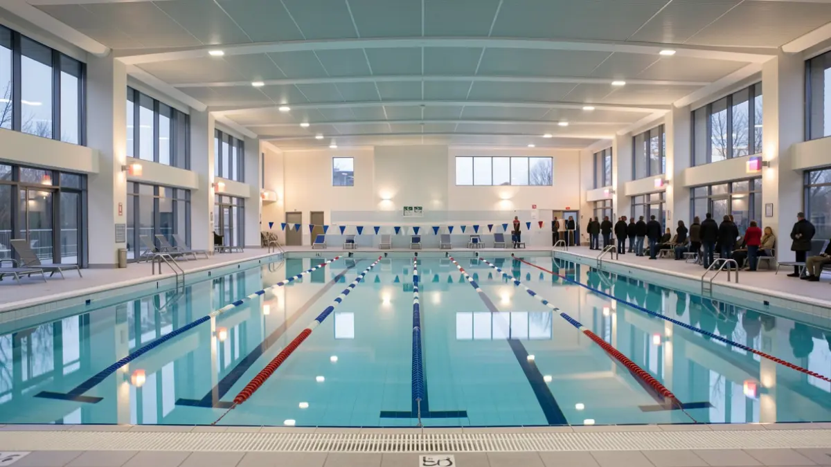 Imagen genérica del interior de una piscina cubierta municipal con luces de emergencia instaladas.