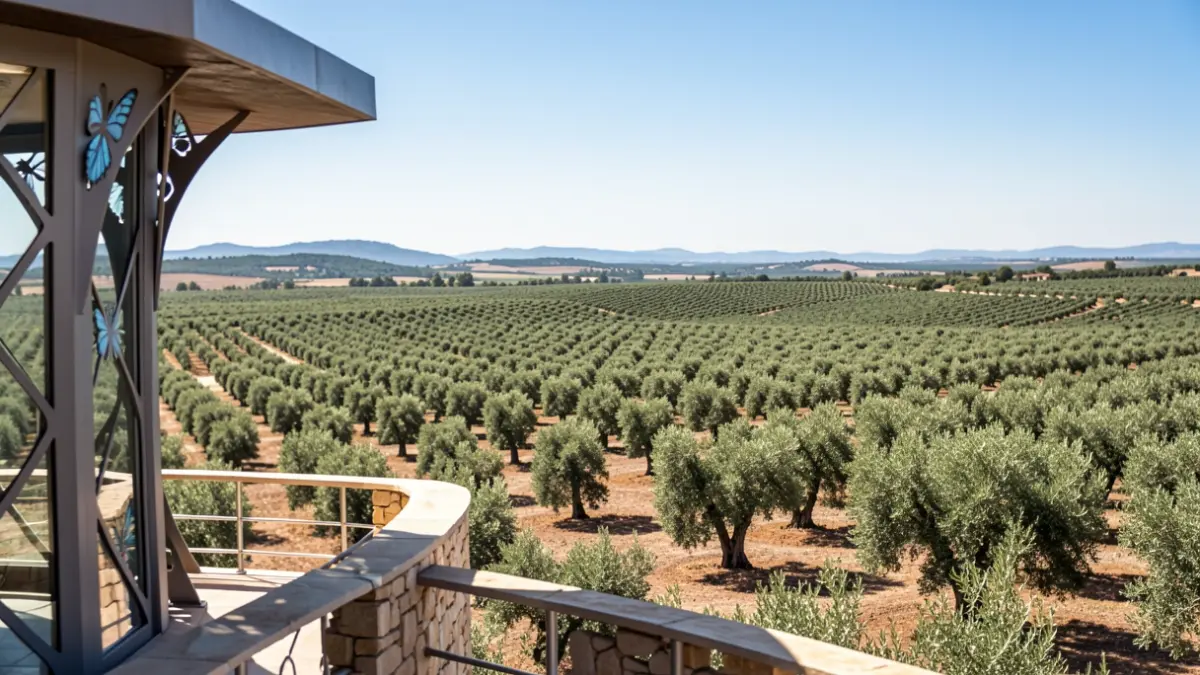 Artistic viewpoint overlooking a sea of olive trees in Sierra Mágina, Andalusia.