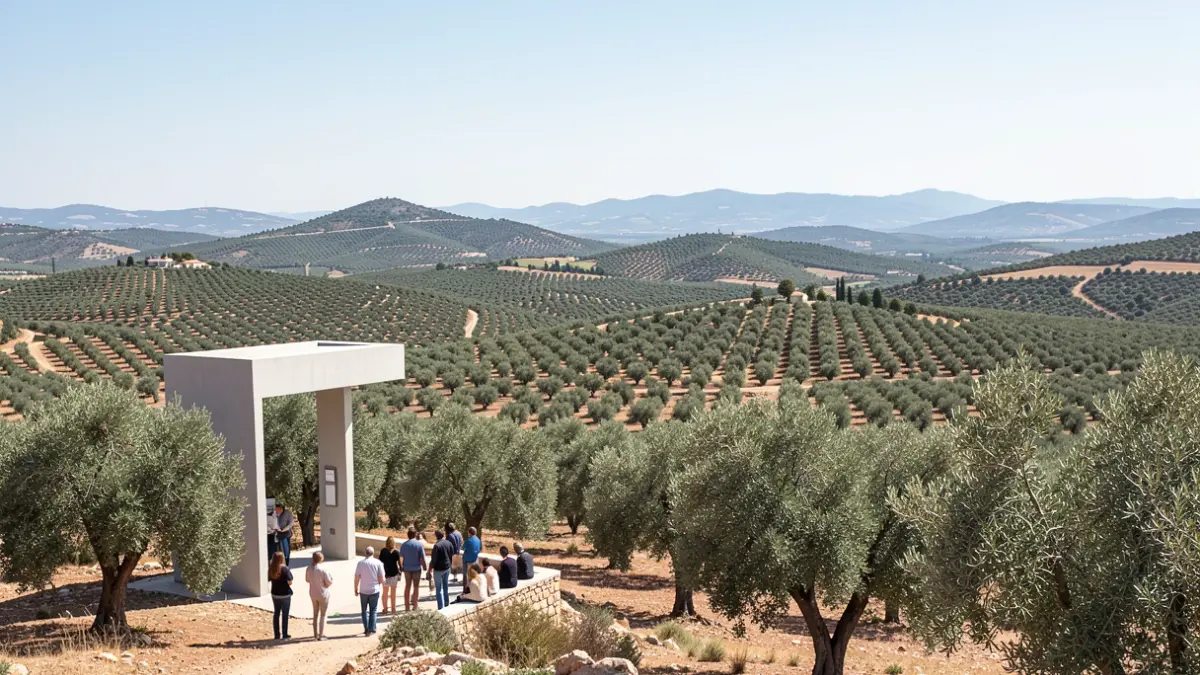 Mirador paisajístico sobre un mar de olivos en la Sierra Mágina, Jaén.
