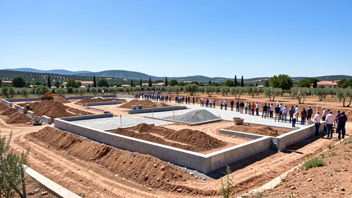 Construction of a new rural adventure park in Santa Fe de Mondújar, showing earthworks and wall construction.