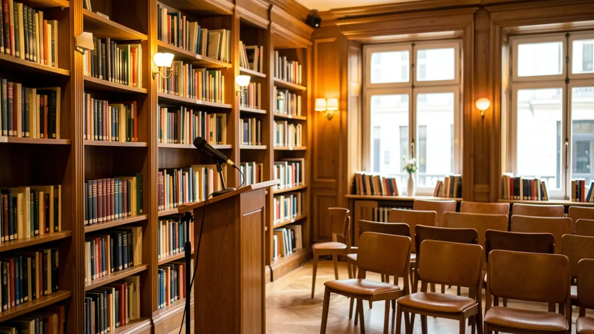 Imagen genérica de un interior de biblioteca con estanterías de libros y un atril.