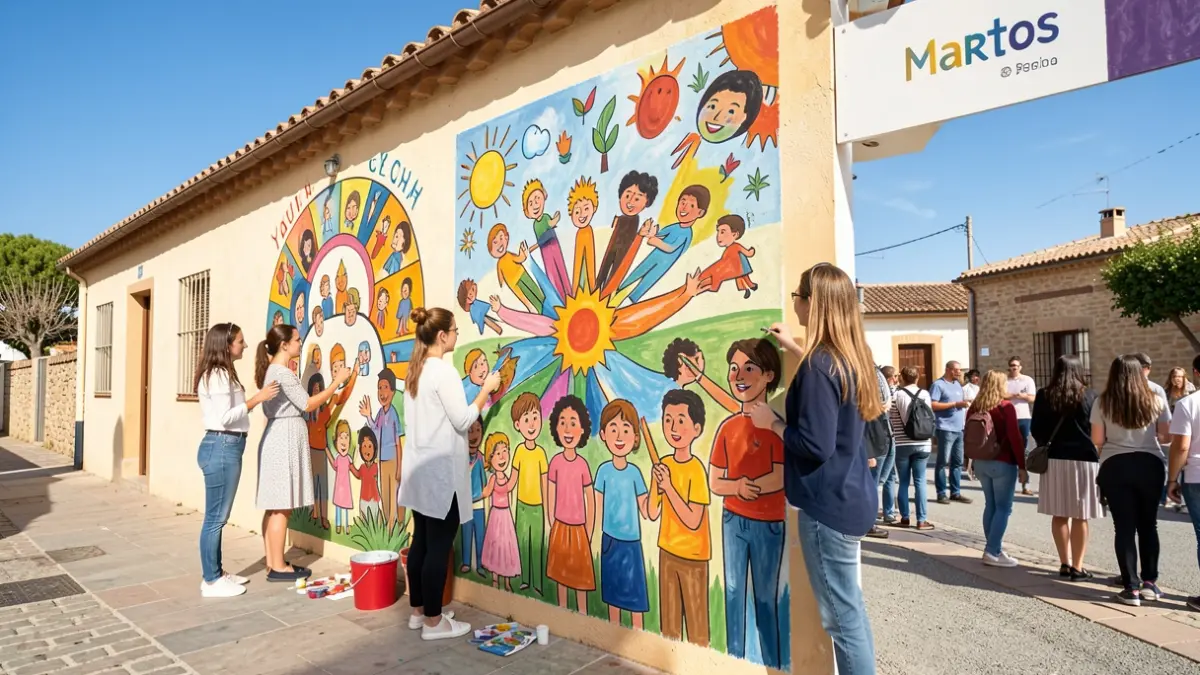 Image of two young artists painting colorful murals on the Casa de la Juventud in Martos.