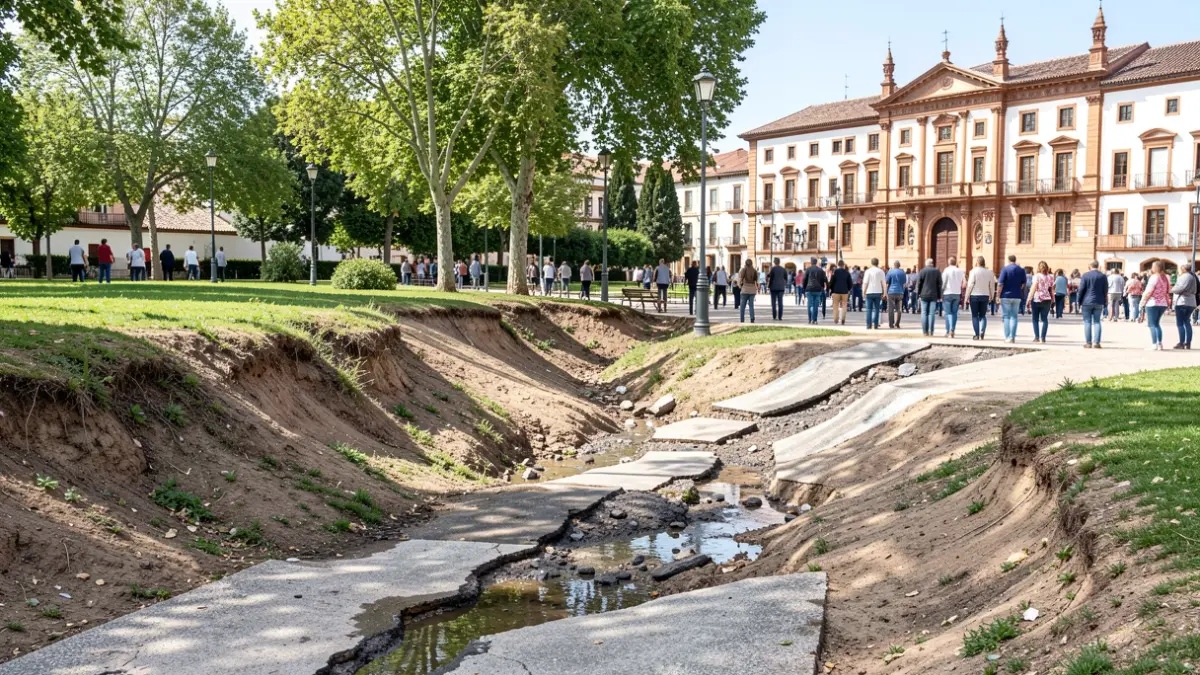 Imagen de un parque con taludes erosionados y pavimentos dañados por el agua, con el Ayuntamiento de Lucena al fondo.