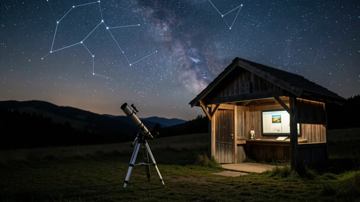 Cielo nocturno estrellado sobre un paisaje natural con un telescopio y un centro de interpretación.