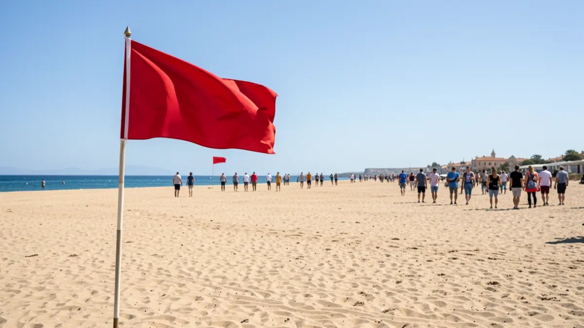 Red flag waving on an empty beach in Malaga.