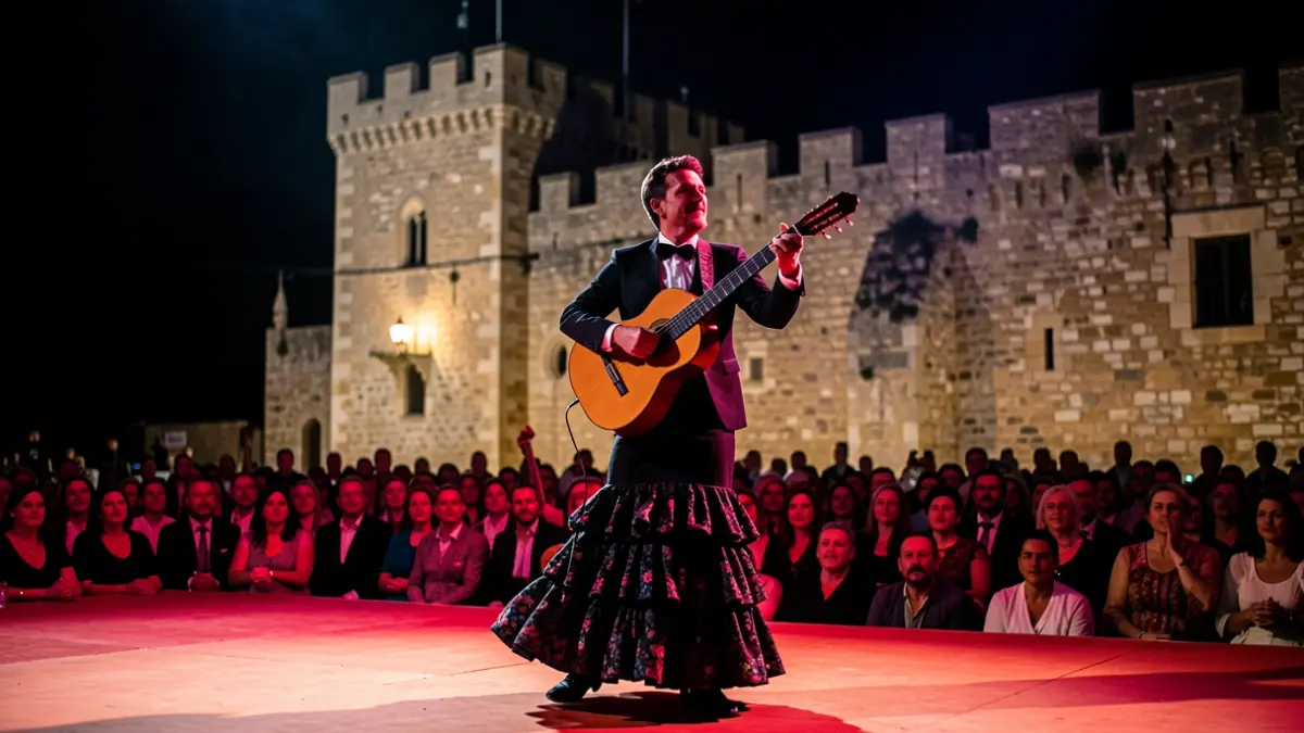 Scene from a flamenco festival in Ojén with a dancer and musicians.