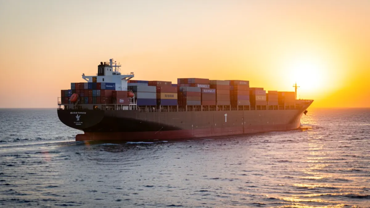 Imagen genérica de un buque portacontenedores en el mar al atardecer.